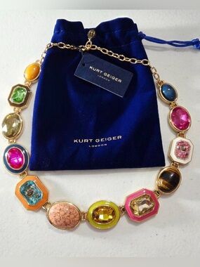 NWT KURT GEIGER SIGNATURE GOLD TONE MULTI STONE GEM 18" COLLAR NECKLACE + BAG